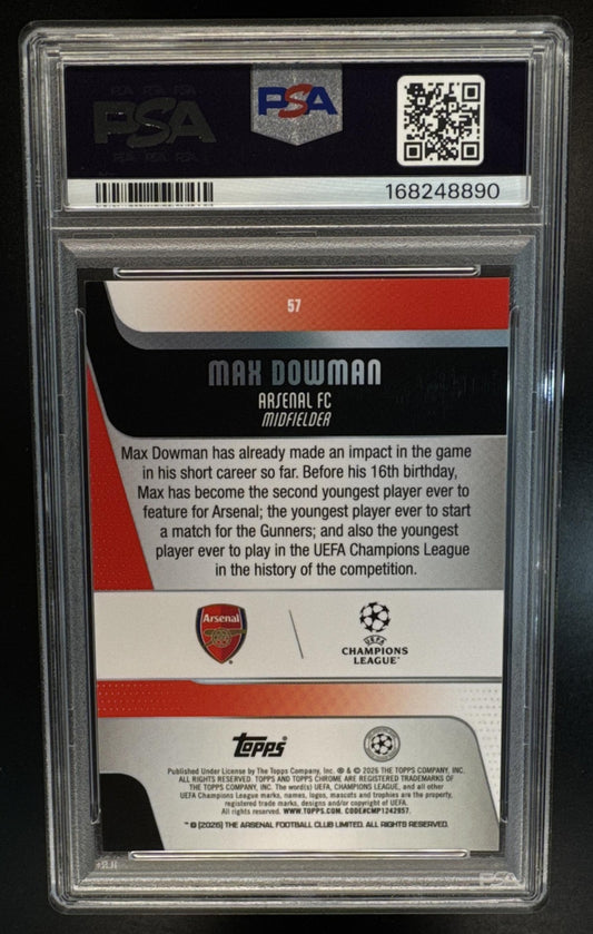 2025 Topps Chrome UEFA UCC Max Dowman #57 Orange Geometric Refractor /25 Arsenal PSA 9