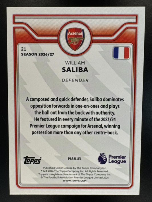 2026-27 Topps Premier League William Saliba #21 Gold Rainbow Laser Arsenal