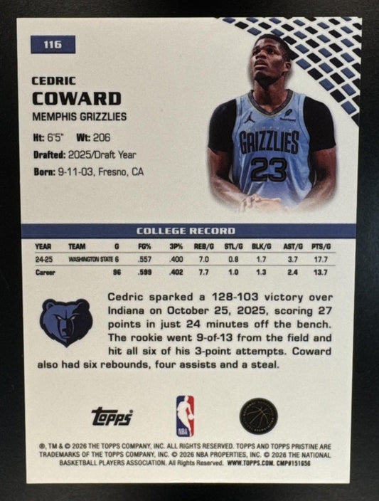 2025-26 Topps Pristine Cedric Coward #116 Green Refractor 117/150 RC Grizzlies