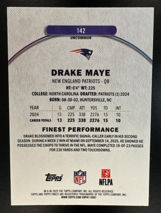 2025 Topps Finest Drake Maye #142 Uncommon Sky Blue Refractor 191/250 Patriots