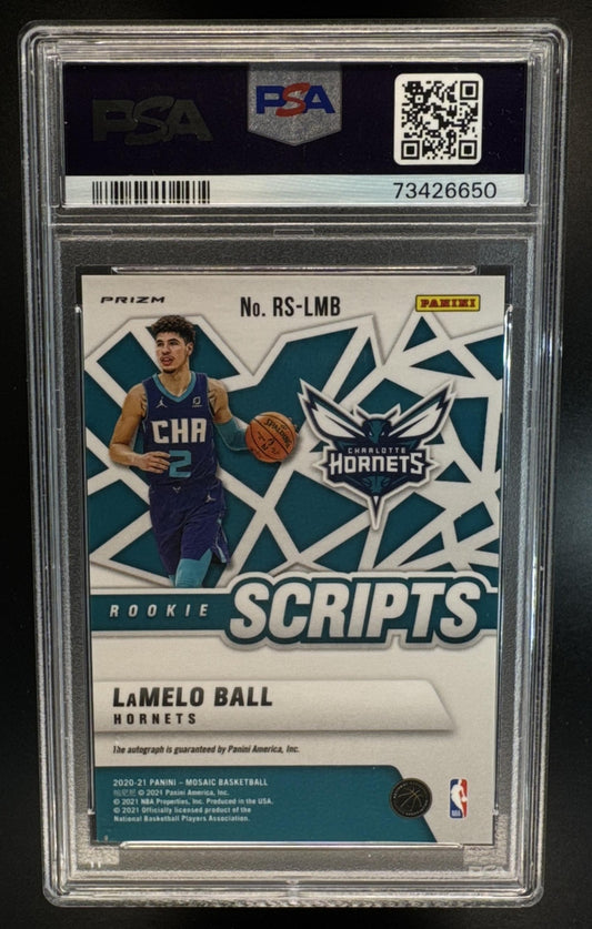 2020 Panini Mosaic LaMelo Ball #RS-LMB Rookie Scripts Gold Auto RC PSA 9