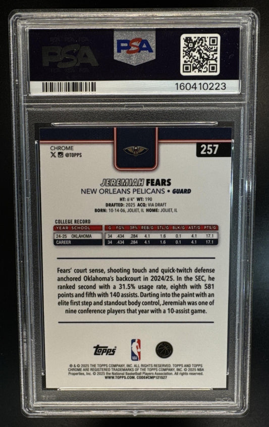 2025-26 Topps Chrome Sapphire Jeremiah Fears #257 RC Pelicans PSA 10