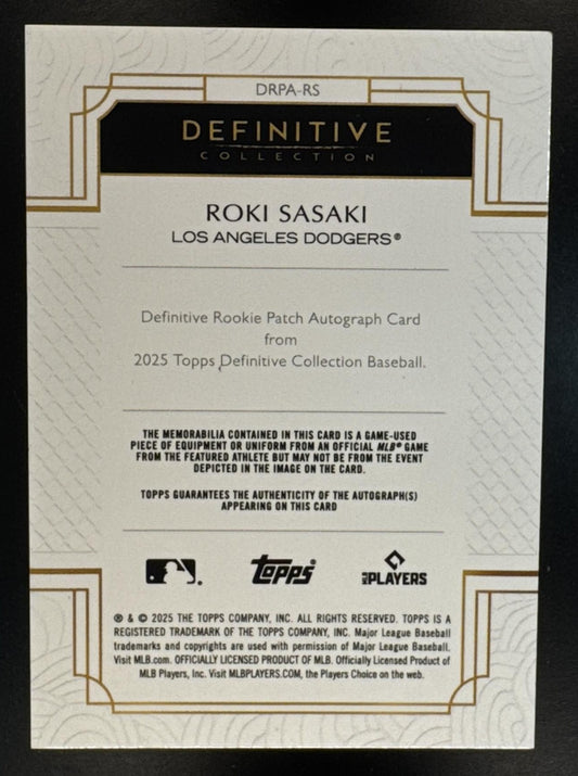 2025 Topps Definitive Collection Roki Sasaki #DRPA-RS Rookie Patch Autograph Gold /50