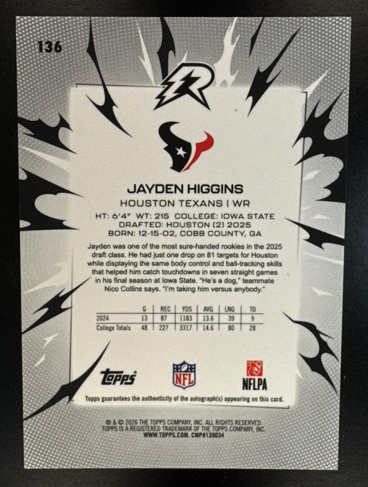 2025 Topps Resurgence Jayden Higgins #136 Rookie Auto White Surge Refractor /125 Texans