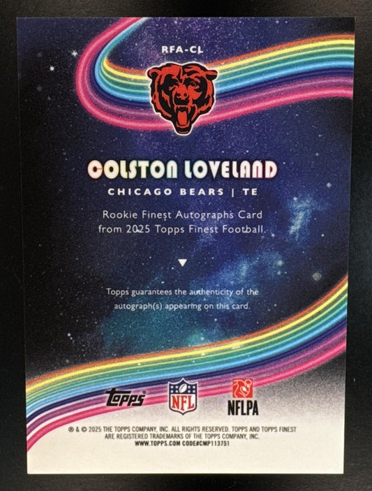 2025 Topps Finest Colston Loveland #RFA-CL Rookie Auto Blue Refractor /99 RC Bears