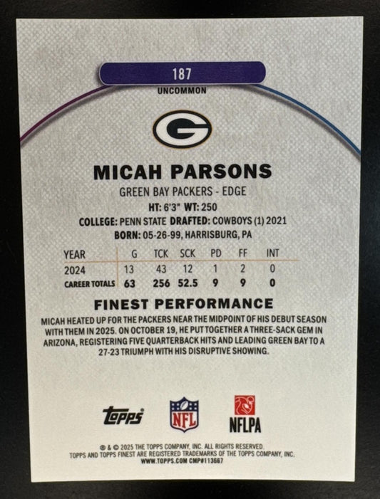 2025 Topps Finest Micah Parsons #187 Uncommon Green Geometric Refractor /35 Packers