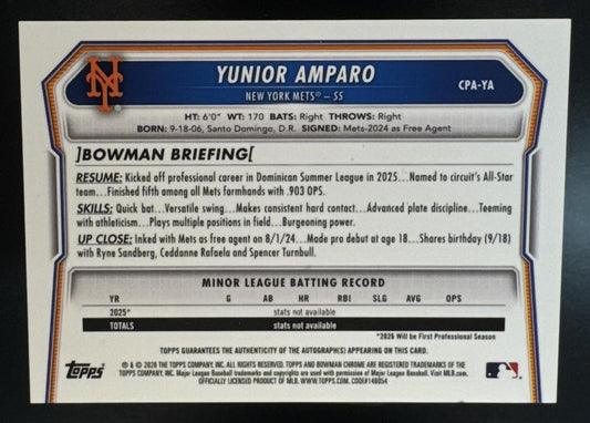 2026 Bowman Chrome Yunior Amparo Auto Speckle Refractor /299 1st Prospect