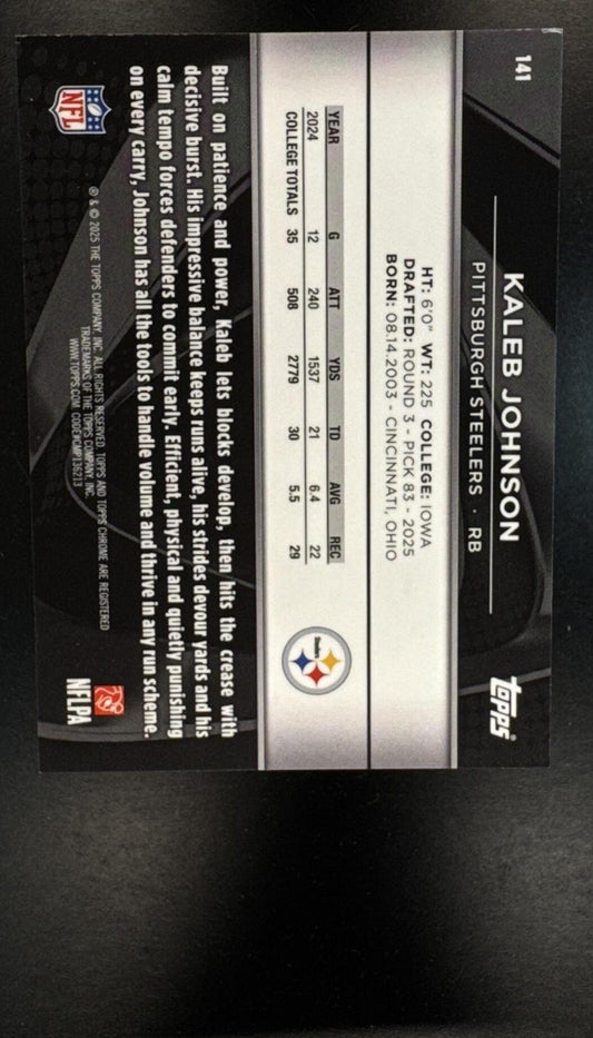 2025 Topps Chrome Black Kaleb Johnson #141 Blue Wave Refractor /150 RC Steelers