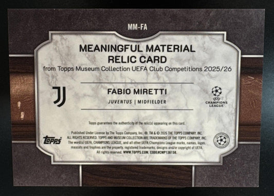 2025 Topps Museum Collection UEFA Fabio Miretti Meaningful Mat. Sapphire /150