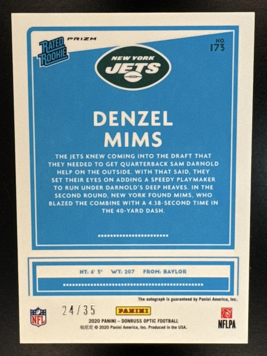 2020 Panini Donruss Optic Denzel Mims #173 Rated Rookie Auto Purple /35 RC Jets