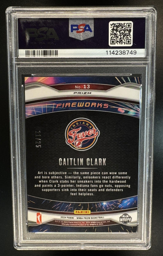2024 Panini WNBA Prizm Caitlin Clark #13 Fireworks Green Pulsar /25 RC PSA 9