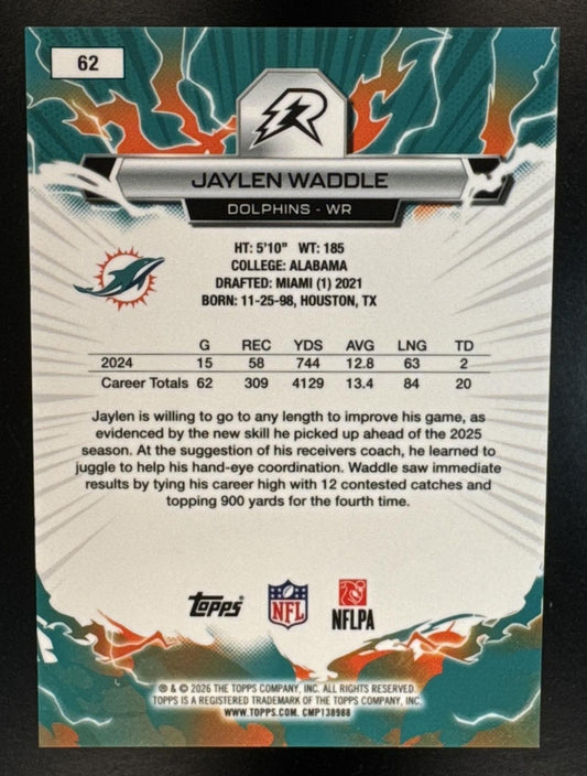 2025 Topps Resurgence Jaylen Waddle #62 Lime Green Power Surge Refractor /15 Dolphins