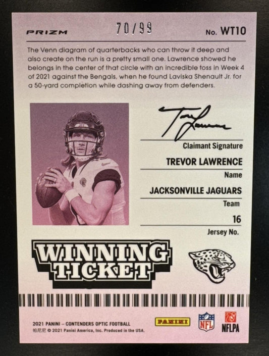 2021 Panini Contenders Optic Trevor Lawrence #WT10 Winning Tickets Blue /99 RC Jaguars