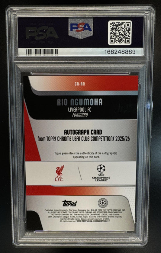 2025 Topps Chrome UEFA UCC Rio Ngumoha Auto CA-RN Green Geometric Refractor /99 LiverPool PSA 10
