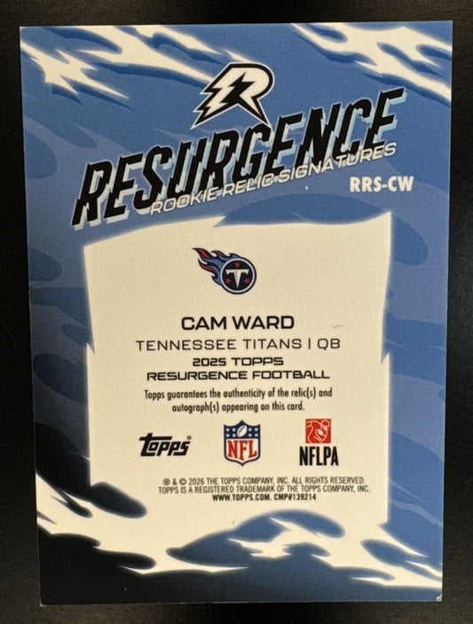 2025 Topps Resurgence Cam Ward #RRS-CW Rookie Relic Signatures Gold Refractor /50 Titans