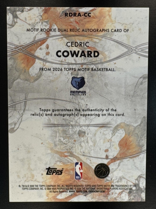 2025 Topps Motif Cedric Coward #RDRA-CC Rookie Dual Relic Auto Orange /25 MEM RC
