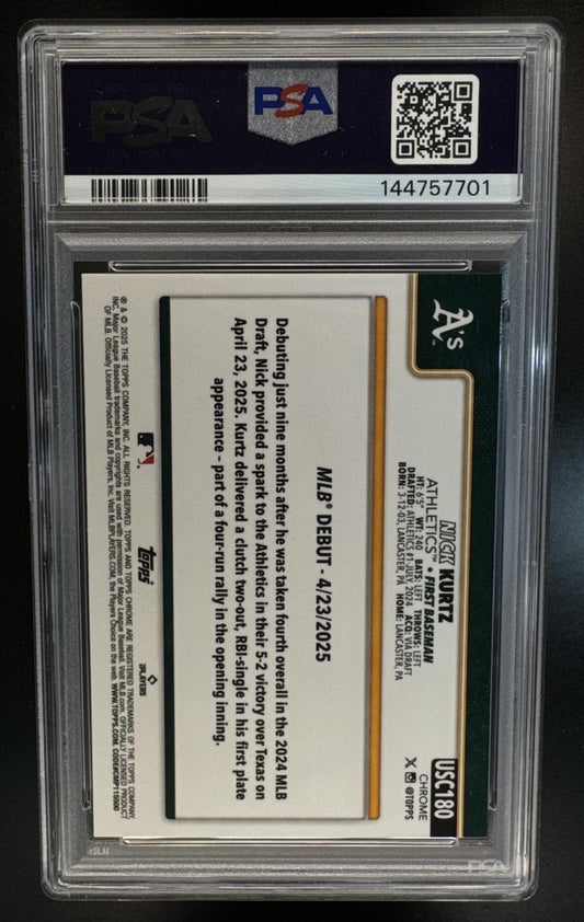 2025 Topps Chrome Update Nick Kurtz #USC180 Green Geometric Refractor /99 Athletics PSA 10