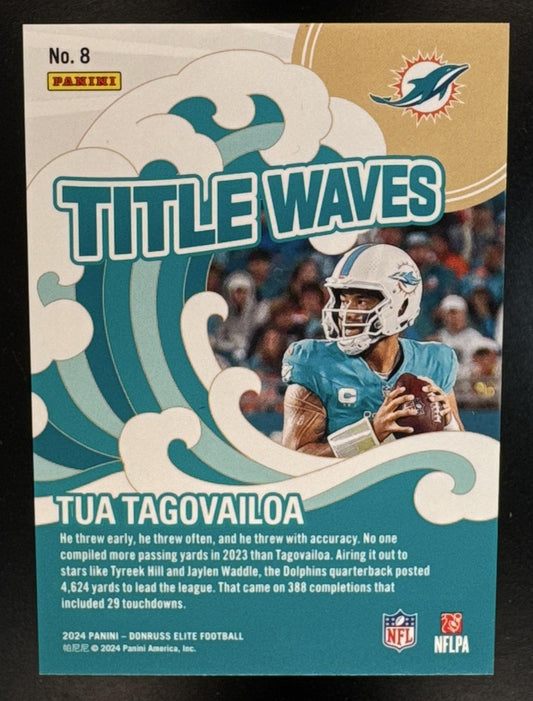 2024 Panini Donruss Elite Tua Tagovailoa #8 Title Waves Blue 5/25 Dolphins