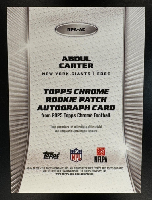 2025 Topps Chrome Abdul Carter #RPA-AC Rookie Patch Auto Gold Refractor /50 Giants