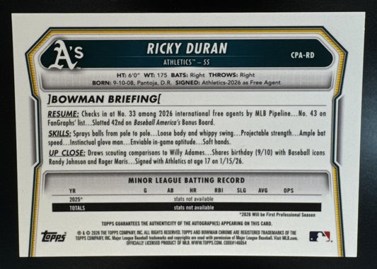 2026 Bowman Chrome Ricky Duran #CPA-RD Auto 1st Prospect Athletics
