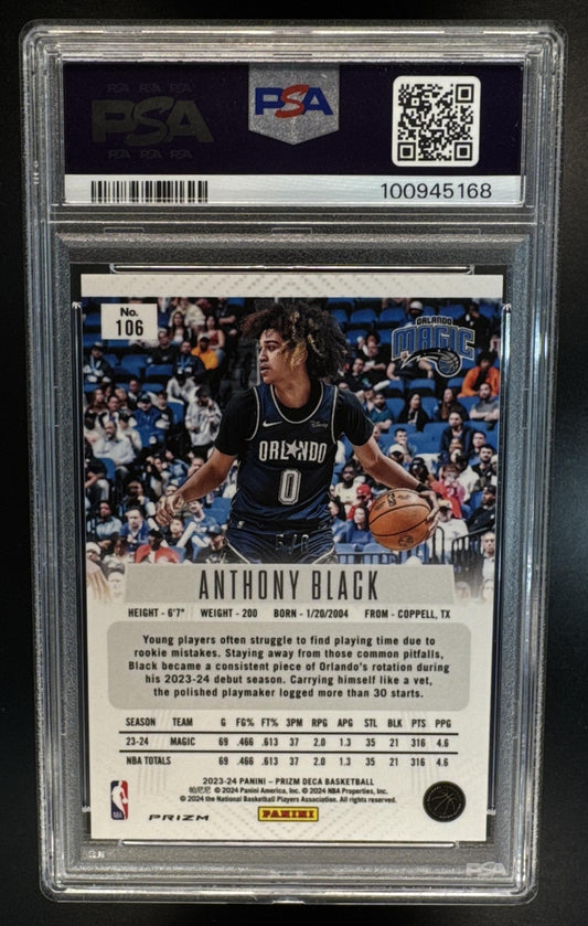 2023-24 Panini Prizm Deca Anthony Black Black And Gold Shimmer FOTL /8 RC #108 Magic PSA 9
