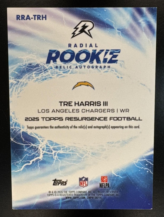 2025 Topps Resurgence Tre Harris III #RRA-TRH Radial Rookie Relic Auto MEM RC Chargers