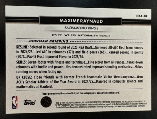 2026 Topps NSCC Collection Maxime Raynaud #NBA-50 NBA Auto Gold Refractor /50 RC Kings