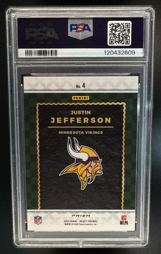 2024 Panini Select Justin Jefferson #4 Score Throwback Gold Prizm /10 Vikings PSA 10