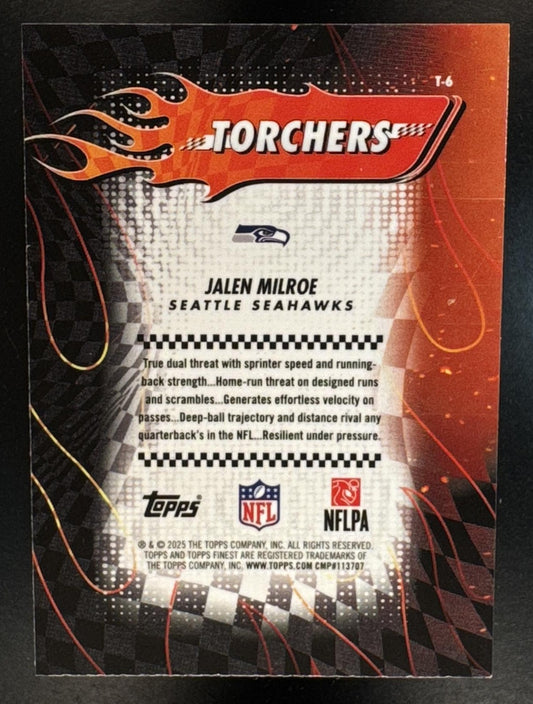 2025 Topps Finest Jalen Milroe #T-6 Torchers Sky Blue Refractor /150 RC Seahawks