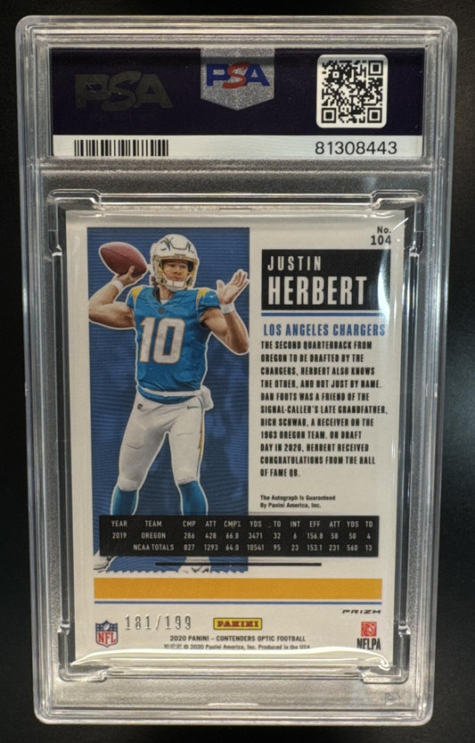 2020 Panini Contenders Optic Justin Herbert Rookie Ticket Red /199 Rookie Ticket Auto PSA 9