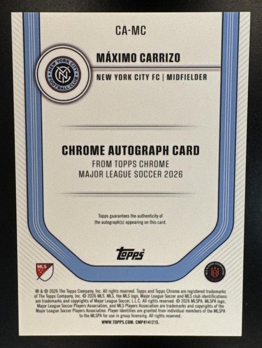 2026 Topps Chrome MLS Maximo Carrizo #CA-MC Auto Aqua Refractor /199 RC