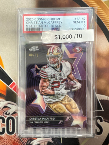 2025 Topps Cosmic Chrome NFL Christian McCaffrey StarFractor Black Refractor /10 PSA 10