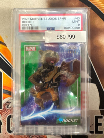 2025 Topps Chrome Marvel Studios Sapphire Rocket Green Refractor /99 PSA 9