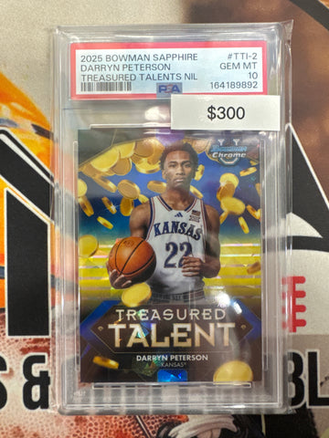 2025 Bowman Sapphire Basketball Darryn Peterson NIL Treasured Talents PSA 10