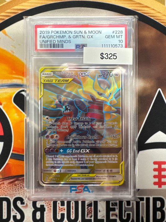2019 Pokemon Sun & Moon Full Art Garchomp & Giratina GX 228/236 Unified Minds PSA 10