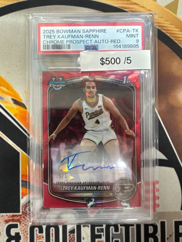 2025 Bowman Sapphire Basketball Trey Kaufman-Renn Chrome Prospect Autograph Red Refractor /5 PSA 9