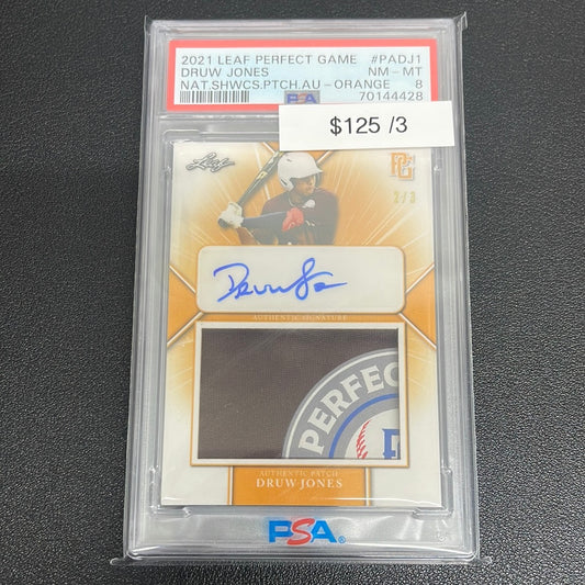 2021 MLB Leaf Perfect Game Druw Jones Patch Auto /3 PSA 8