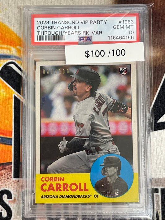 2023 Topps Transcendent VIP Party Corbin Carroll Through The Years Rookie Variation /100 PSA 10