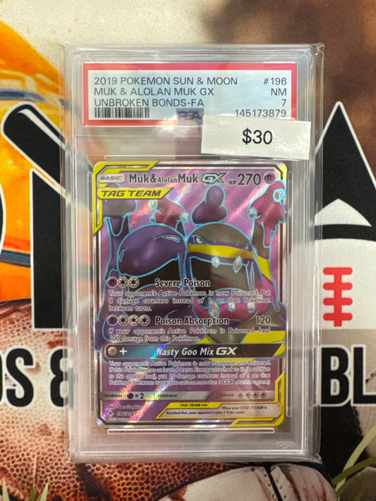 2019 Pokemon Sun & Moon Muk & Alolan Muk GX 196/214 Unbroken Bonds Full Art PSA 7