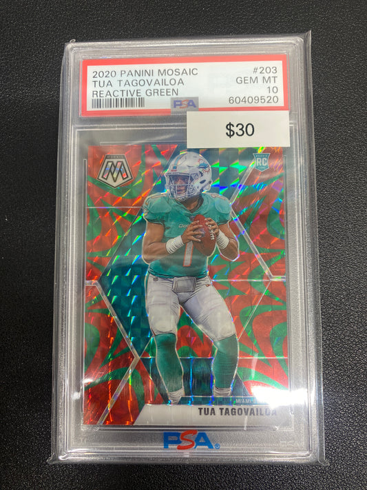 2020 Panini Mosaic Tua Tagovailoa Reactive Green PSA 10