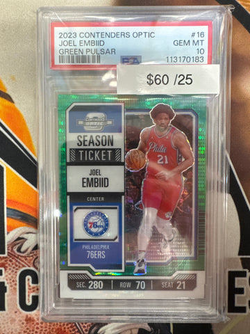 2023 Panini Contenders Optic NBA Joel Embiid Season Ticket Green Pulsar /25 PSA 10