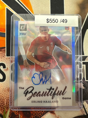 2022-23 Panini Donruss Soccer Erling Haaland Optic The Beautiful Game Autograph Blue Prizm /49