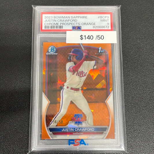 2023 MLB Justin Crawford 1st Bowman Chrome Orange Sapphire /50 PSA 9