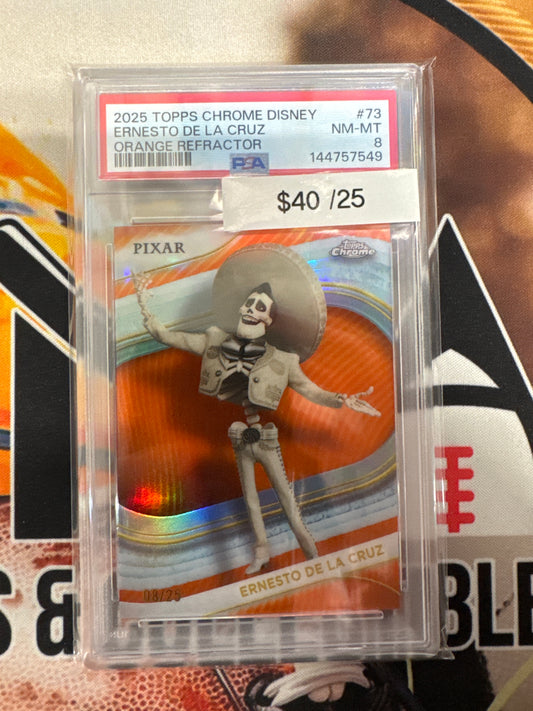 2025 Topps Disney Chrome Ernesto De La Cruz Orange Refractor /25 PSA 8