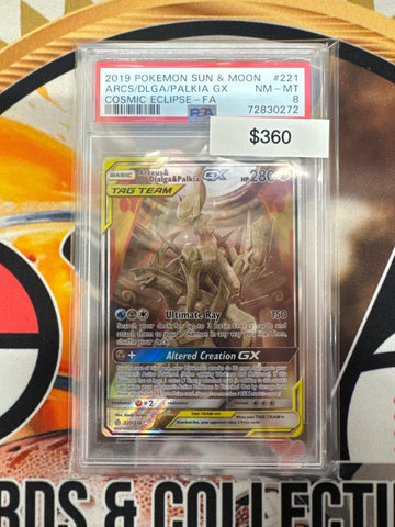 2019 Pokemon Sun & Moon Arceus/Dialga/Palkia GX Cosmic Eclipse Full Art 221/236 PSA 8