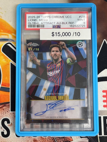2025-26 Topps Chrome UEFA Champions League Lionel Messi Global Attraction: Summer Of 2026 Black Auto /10 PSA 9