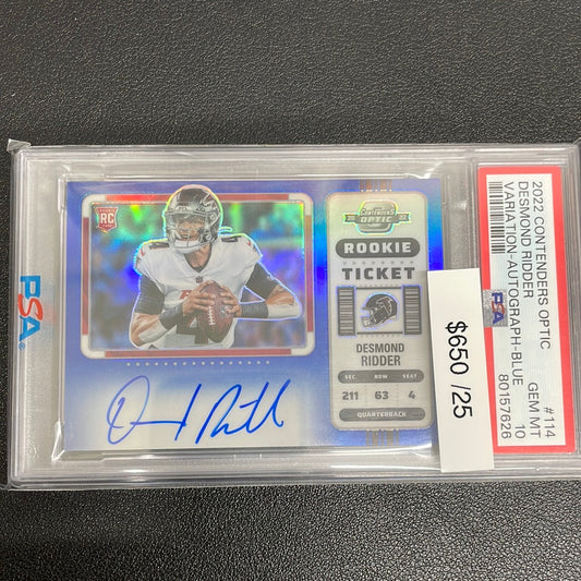 2022 NFL Desmond Ridder Contenders Optic Blue Rookie Auto /25 PSA 10