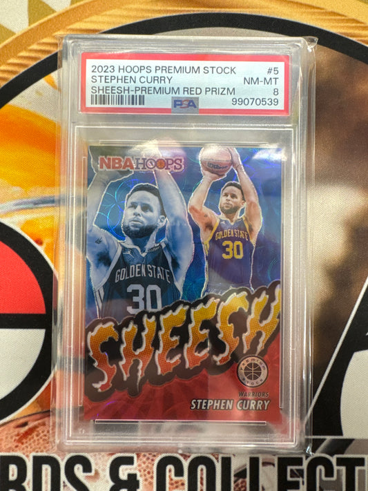 2023 Panini Hoops Premium Stock NBA Stephen Curry Sheesh Premium Red Prizm /88 PSA 8