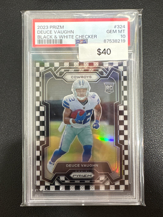 2023 Panini Prizm NFL Deuce Vaughn Rookie Black & White Checkerboard PSA 10