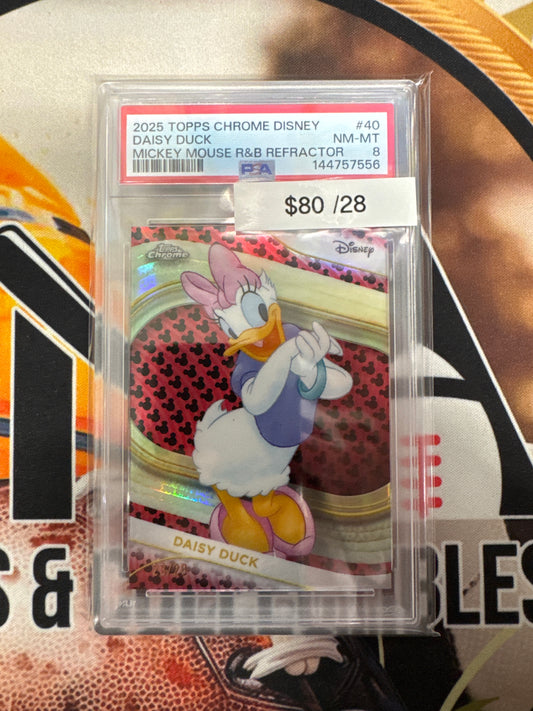 2025 Topps Chrome Disney Daisy Duck Mickey Mouse Red & Black Refractor /28 PSA 8